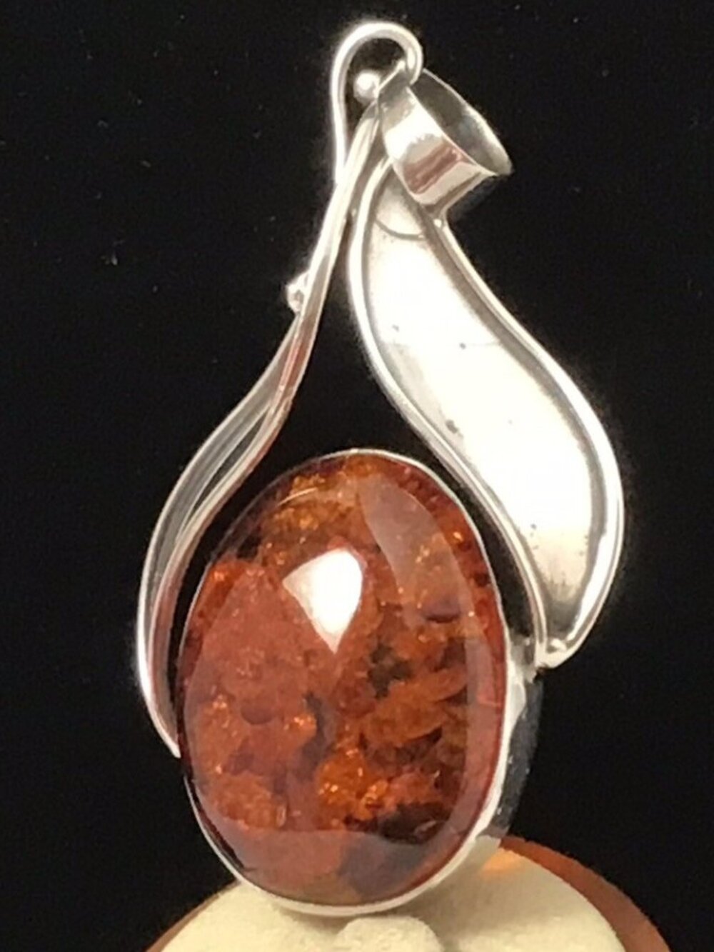 Sterling Silver Amber Pendant Cognac Vintage Large 2.75 Inch